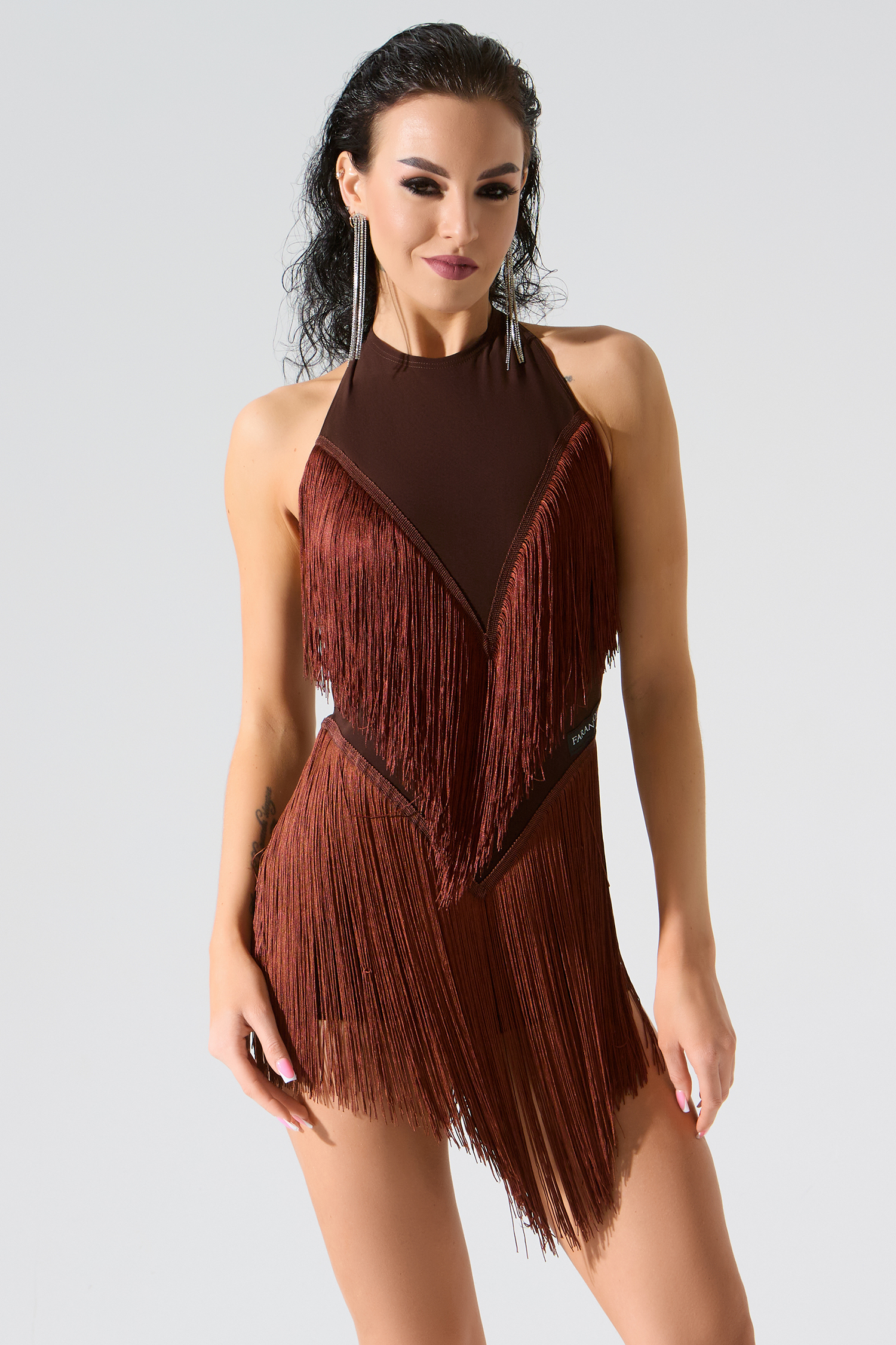 Платье с бахромой по диагонали и шортами (шоколадный)